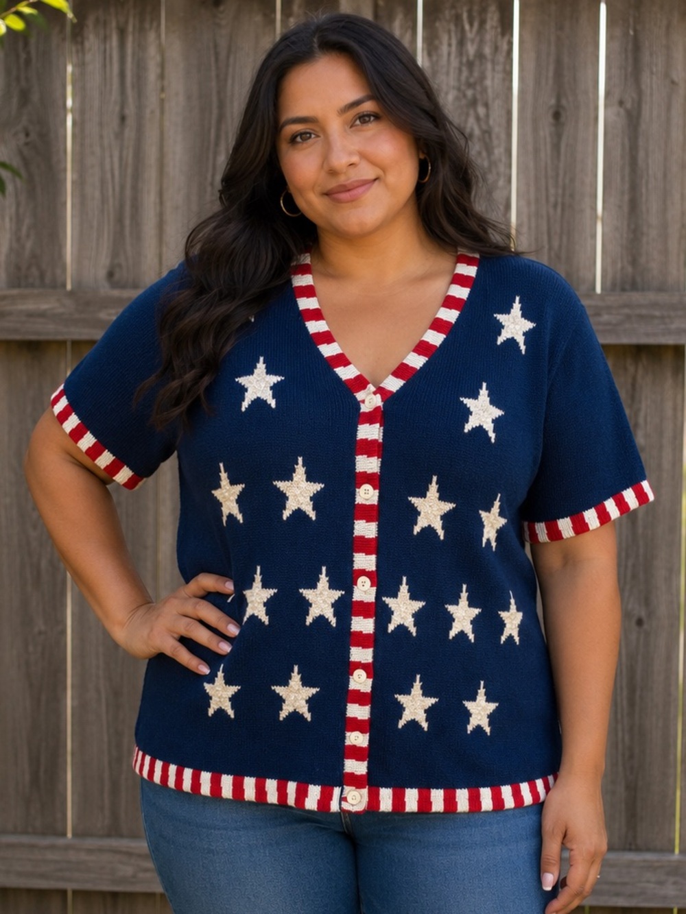90s NWT The Quaker Factory Patriotic Flag Knit Button Up Blouse Sz LG